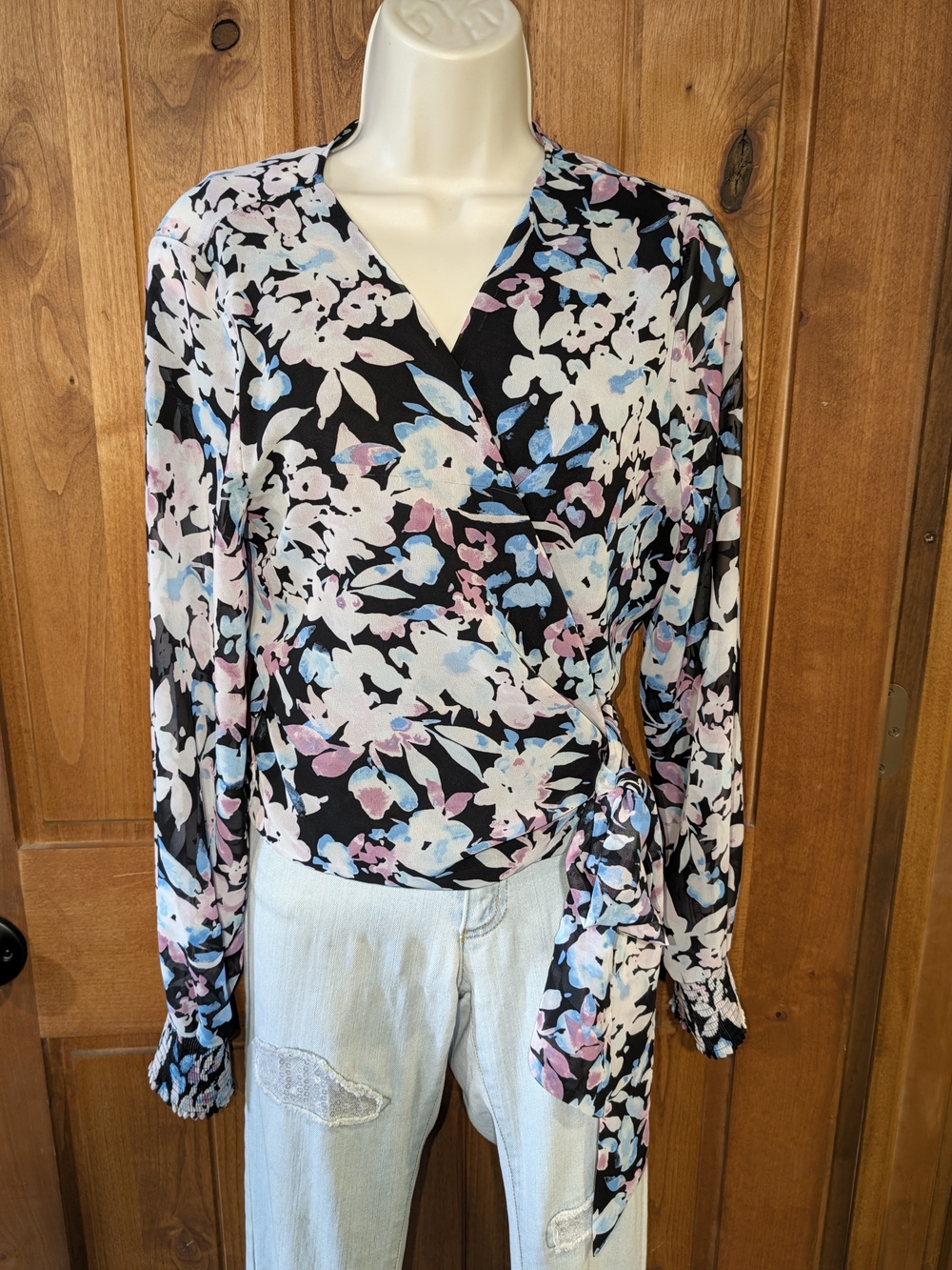 Bar III Floral Wrap Blouse with Pastel Blue & Pink Accents